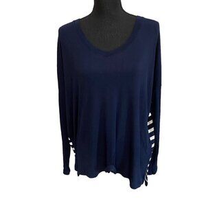 Cabi Navy and White Long Sleeve Drop Shoulder Oversized Pullover Top Size Medium